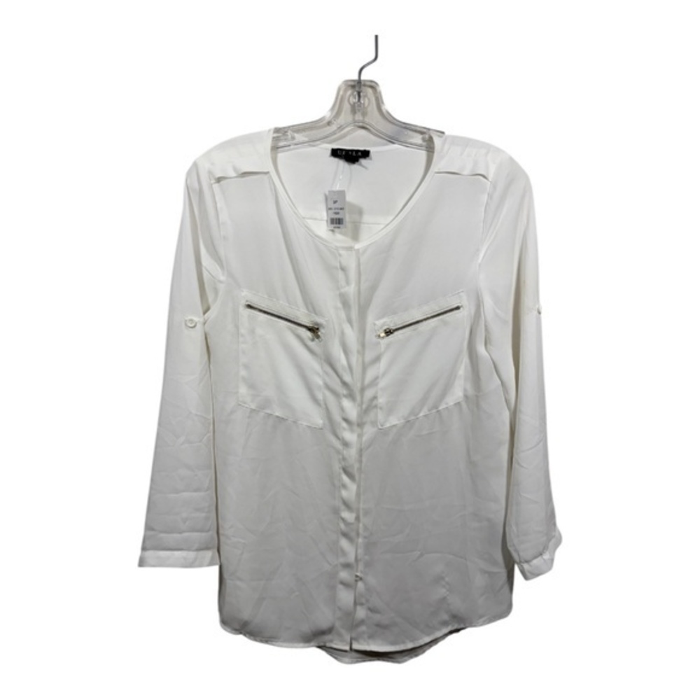 UK2LA Blouse Womens Size Small White Chiffon Semi Sheer Button Down 3/4 Sleeve